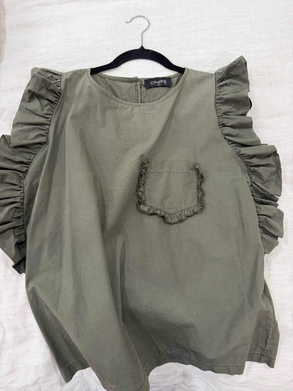 CHEPE Olive Green Ruffle Sleeve Blouse